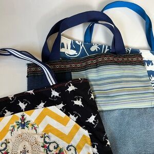 lot of three handmade hand sewn recycled fabric tote bags